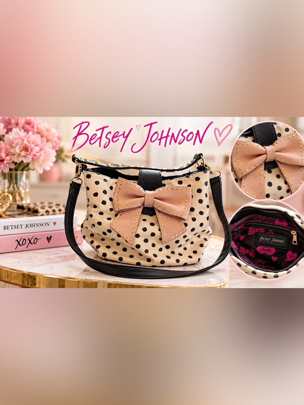 Betsey Johnson Polka Dot Bow Crossbody Purse Pink Black White Faux Leather